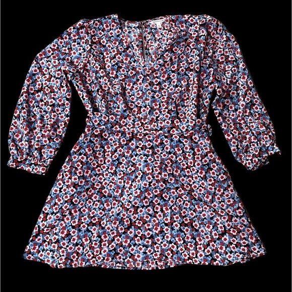 Short Mini Dress XL Daisy Flower Power Pockets Belt Red Blue V Neck Popsugar - Picture 2 of 10